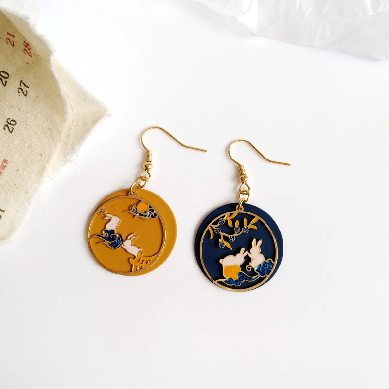 AOMU Chinese Ancient Traditional Culture Koi Palace Ear Hook Geometric Round Metal Enamel Drop Earrings for Women Gift Jewelry - Окраска металла: G Ear hook