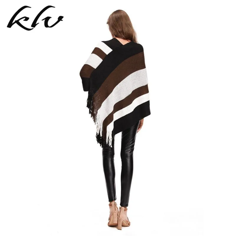 Женское асимметричное пончо с кисточками накидка с капюшоном топы v-образным вырезом вязаный свитер "летучая мышь"