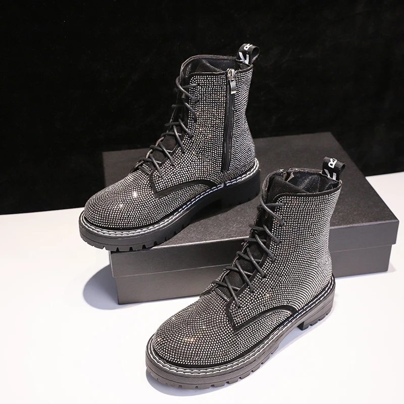 

Winter Women Pumps Dress Martin Boots Platform Fashion Rhinestone Lace Up Round Toe Mid Heels Snow Botas Women Shoes Mujer