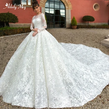 

Glamorous Appliques Royal Train Lace Ball Gown Wedding Dresses 2020 Romantic Scoop Neck Beaded Long Sleeve Princess Bridal Dress