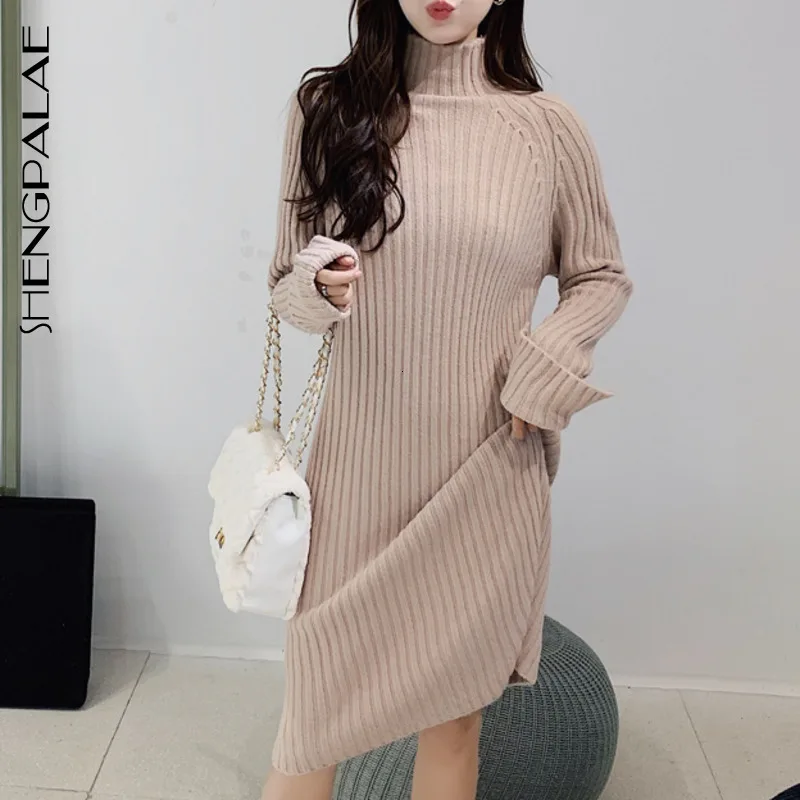 SHENGPALAE 2020 New Spring Fashion Long Fund Turtleneck Solid Dress Women Sleeve Loose Casual High Street Vestidos FV143 |