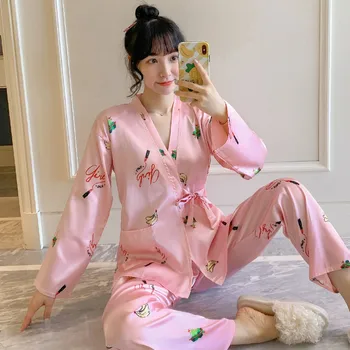 

Lisacmvpnel Long Sleeve Pajamas Autumn Ice Silk Long Sleeve Trousers Suit Printing Fashion Pyjamas Set