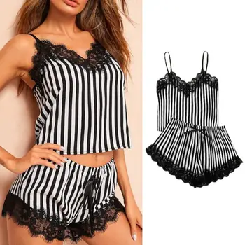 

Women Sleeveless Pajamas Set Striped Camis Crop Top Bowknot Shorts Sleepwear Eyelash Floral Lace Stitching Lingerie