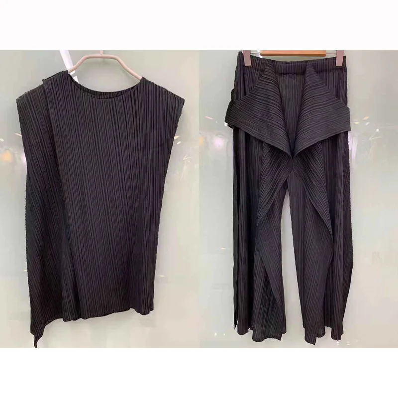 Miyake складные штаны костюм футболка широкие штанишки сплошной цвет плиссированный набор женский свободный размер Solo распродажа летний специальный дизайн - Цвет: black set