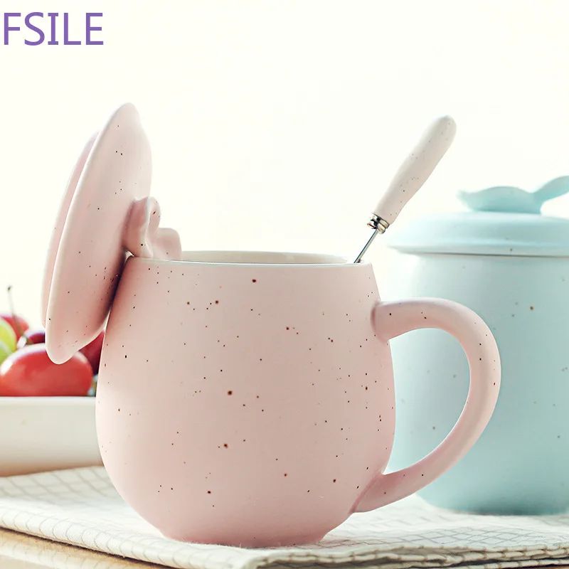 Fsile Creative Small Fresh Heat-resistant Mug 380ml Cup with Lid Milk Coffee Ceramic Cup Couple Cup Office Drinking Cup Gift