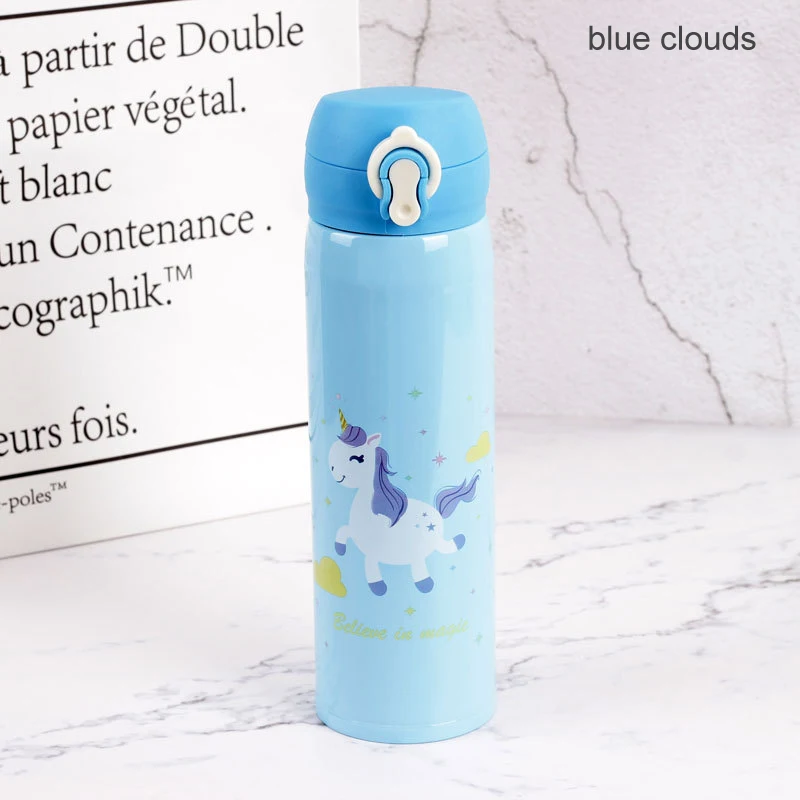 blue clouds Кружки для путешествий с фламинго, портативные, студенческие, с изоляцией, 500 мл, бутылка для напитков, из нержавеющей стали, для кофе, чая, детей, чашки, термосы - Цвет: blue clouds