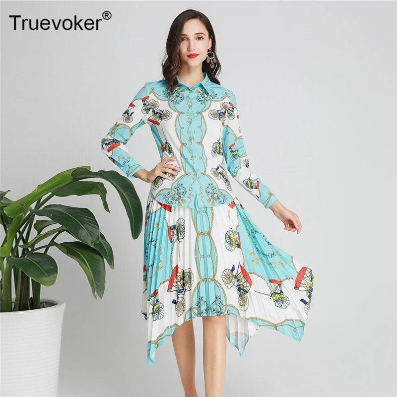 

Truevoker Autumn Runway Designer Sets Suits Women's Long Sleeve Royal Totem Printed Top + Draped Skirt Holiday Set