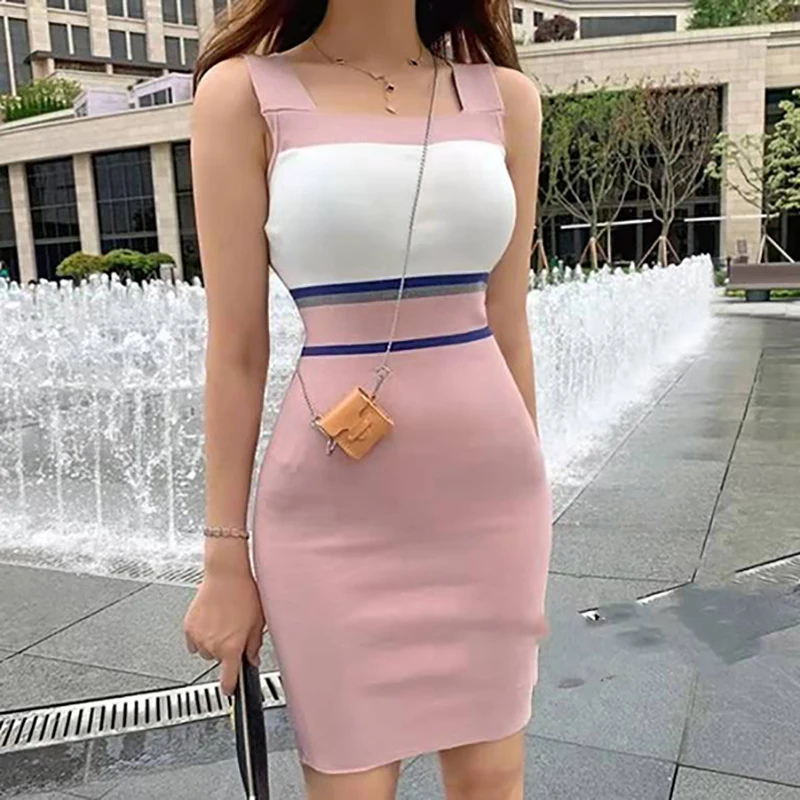 

Женское трикотажное мини-платье в полоску, на бретельках, повседневное облегающее платье с U-образным вырезом без рукавов, лето 2022