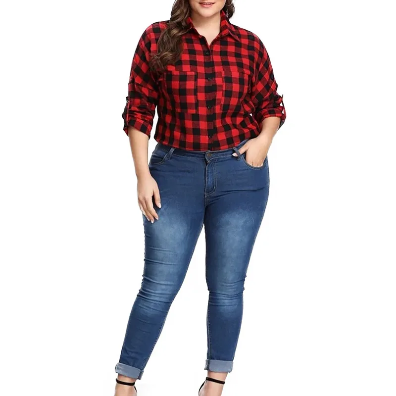 

Fashion Women Blouse And Tops Femme Summer Plaid Shirts Plus Size Long Sleeve Shirt Loose Casual Shirt Ladies Chemise Blusas