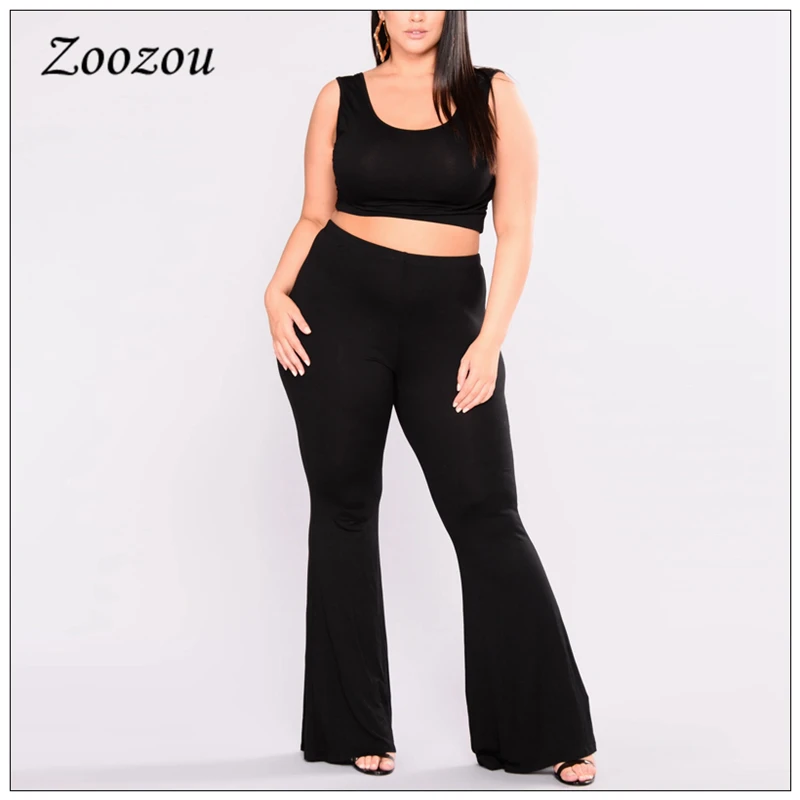 

Plus Size Flare Pants Crop Top Sets Summer Backless Tank Tops Wide Leg Pants 2 Piece Sets Women's Black Sleeveless Outfit Custom