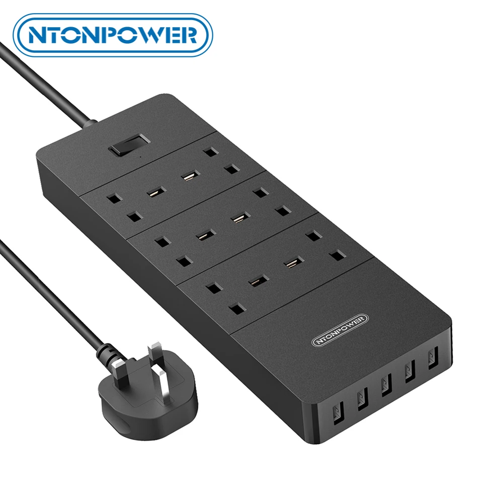 

NTONPOWER 6 AC Extension Lead with Surge Protection Multi Plug Extension Lead with 5 USB Sockets 13amp Power Strip UK Plug