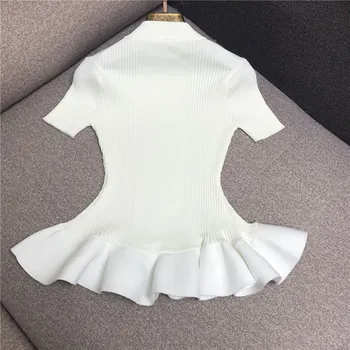

Spring Summer New Retro Temperament Elegant Waist Lotus Lace Hem Slim-Fit Short-Sleeved Sweater Top Women's Stretch Sweater Pull