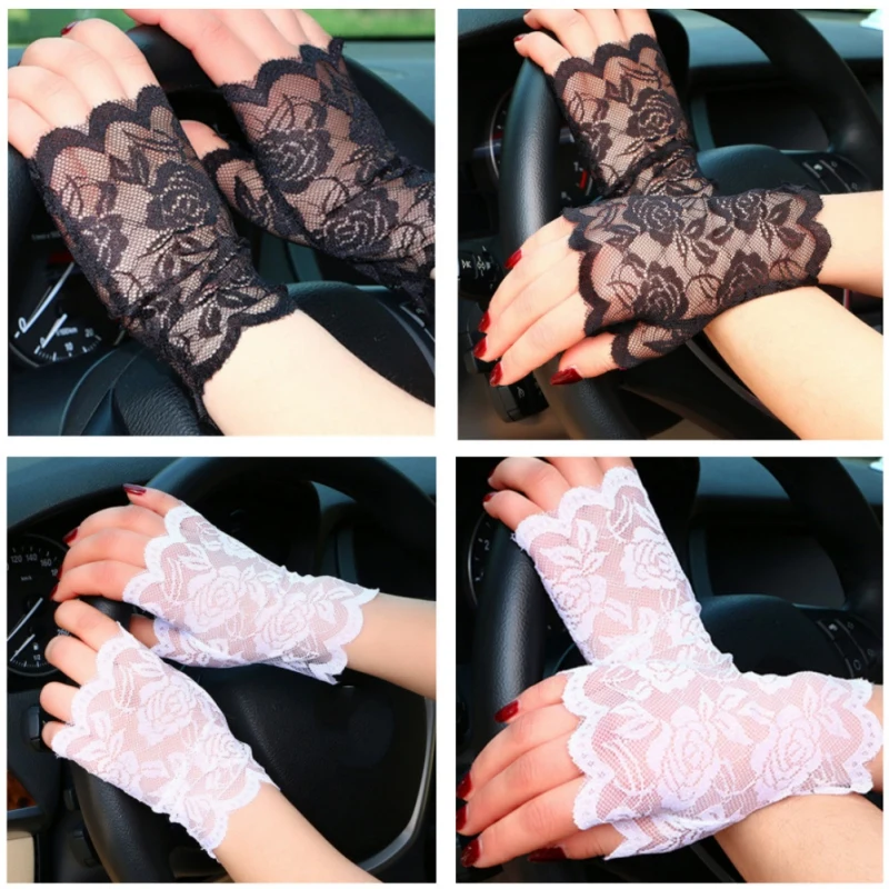White Black UV-Proof Driving Gloves Short Fingerless Sexy Lace Gloves Lace Accessories for Bride For Women
