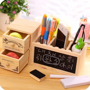 

Creative Stationary Supplies Wooden Cute Slot Pen Holder Multifunctional Message Blackboard Storage Box Stationery Organizer