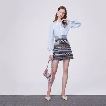 

2020 Spring and Autumn New Women's Elegant Blue Striped Bright Silk Jacquard Loose Long-Sleeved Chiffon Shirt Women's Shirt