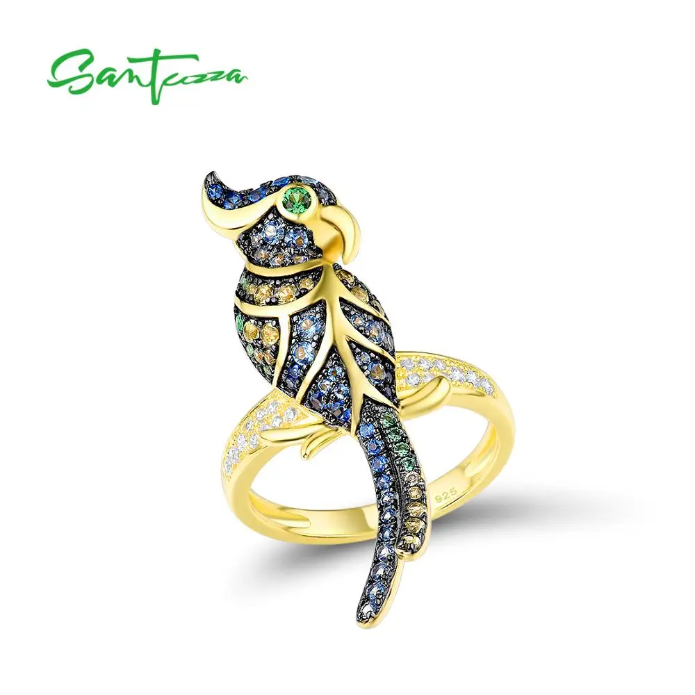 

SANTUZZA Silver Rings For Women Pure 925 Sterling Silver Gold Color Lovely Bird Sparkling Blue Green Stones Trendy Fine Jewelry