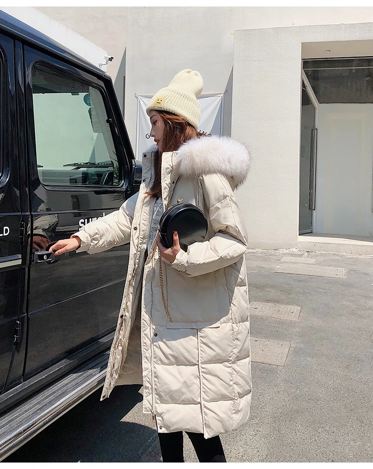 Белый пуховик женский натуральный мех куницы шляпы с окантовкой теплая куртка casaco Feminino Veste Femme Корейская зимняя длинная куртка