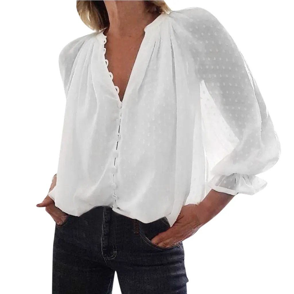 Женские блузки мода длинный рукав v-образный вырез белая рубашка Кнопка Сексуальная шифоновая офисная блузка Тонкий Повседневный кружевной топ плюс размер