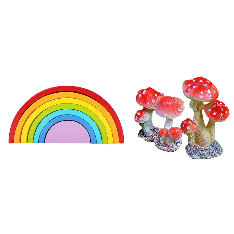 

1 Set Colorful Wooden Blocks Toys Creative Rainbow Assembling Blocks Infant & 3-Piece Miniature Fairy Garden Mushroom Ornament D