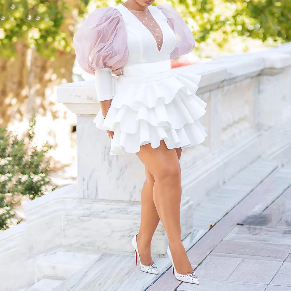 Best Price hl6Mb Women Dress Party Club White African Ruffles Mini Female Dresses Robe Falbala Mesh 2019 Lantern Sleeve High Waist Femme Vestiods