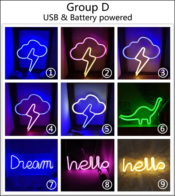 Wholesale 72 Styles Neon Light Lightning LED Wall Lights Battery & USB Powered Party Wedding Home Decor Kids Room Night Lights 5