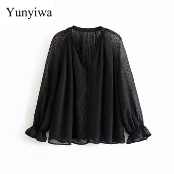 

New Women Fashion V Neck Single Buckles Black Chiffon Shirt Blouses Women Lantern Sleeve Femininas Chemise Ruffles Shirts