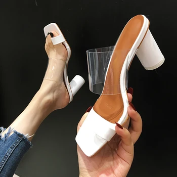 

Summer slides Transparent PVC Square Toe Clip-on High Heels Slippers Genuine Leather Casual Sandals Mules Flip Flops shoes