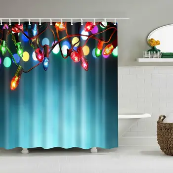

Christmas Shower Curtain Colored Lights Blue Bath Accessories With 12 Hooks Waterproof Polyester Fabric Xmas Bathroom Decoration