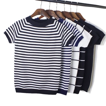 

gkfnmt Summer Knitted T Shirt Women Clothes 2020 Woman Short Sleeve Tees Tops Striped Casual T-Shirt Female Tshirt Femme Fashion