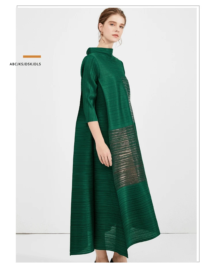 MIYAKE fold весеннее Новое бронзовое платье со стоячим воротником с принтом большого размера женское тонкое ТРАПЕЦИЕВИДНОЕ ПЛАТЬЕ