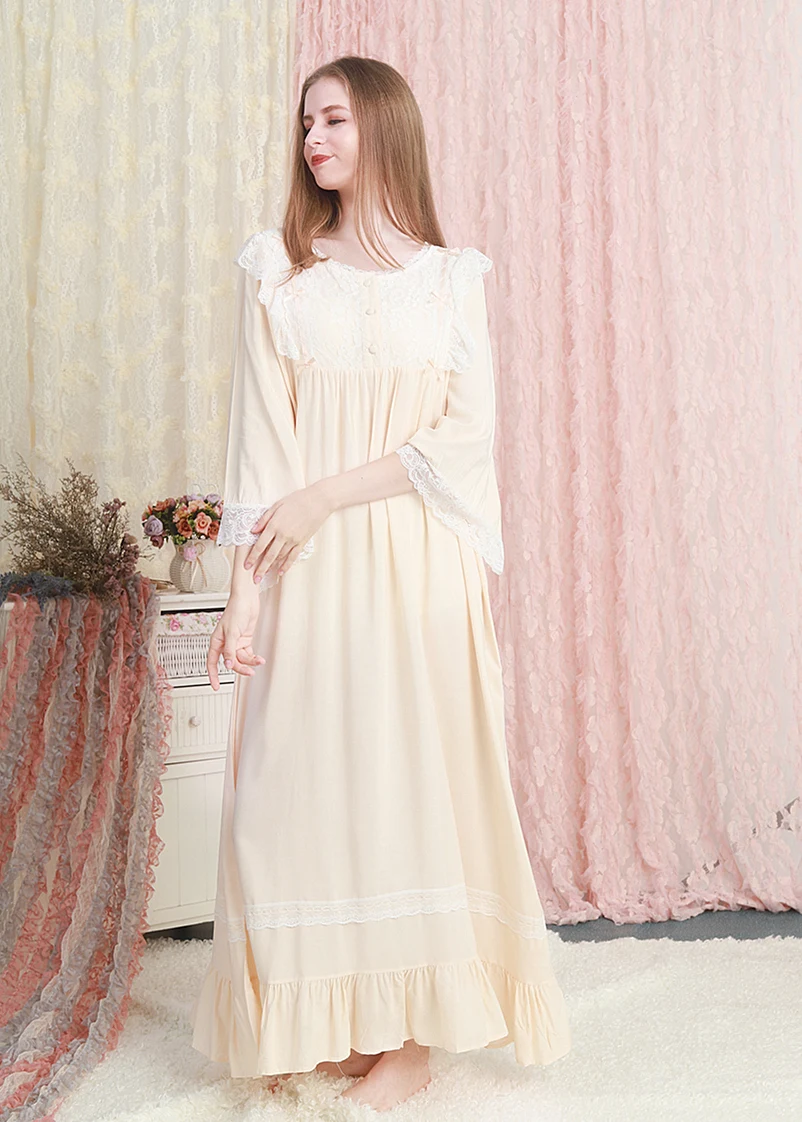 Кружевная длинная ночная рубашка белая романтическая Пижама осенне-летняя ночнушка Ночная сорочка женская винтажная домашняя одежда для сна платье кафтан - Цвет: Бежевый