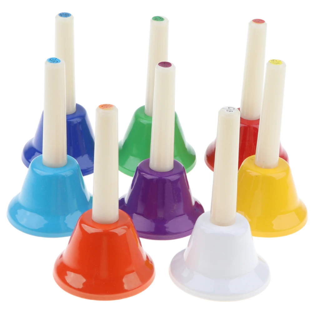 Pack of 8 Multi-Color Hand Bells 8 Note Tones Orff Percussion Instrument Kids Early Musical Learning Toy