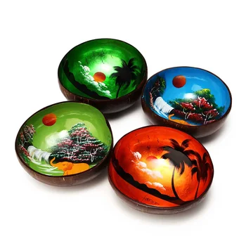 

New 12-15cm Natural Round Coconut Shell Bowl Craft Handmade Painted Landscape Bowl Gifts Home Kitchen Decoration Accessories