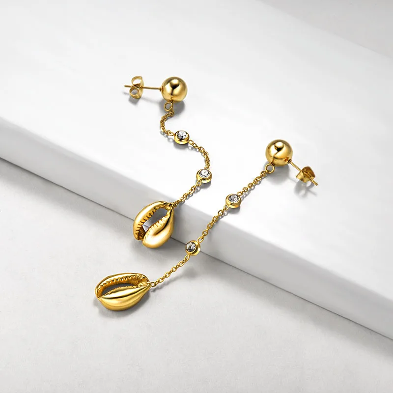 

Baoyan Fashion Gold Color Shell Earrings Luxury CZ Drop Dangle Earrings Wholesale Long Golden Stainless Steel Earrings For Women