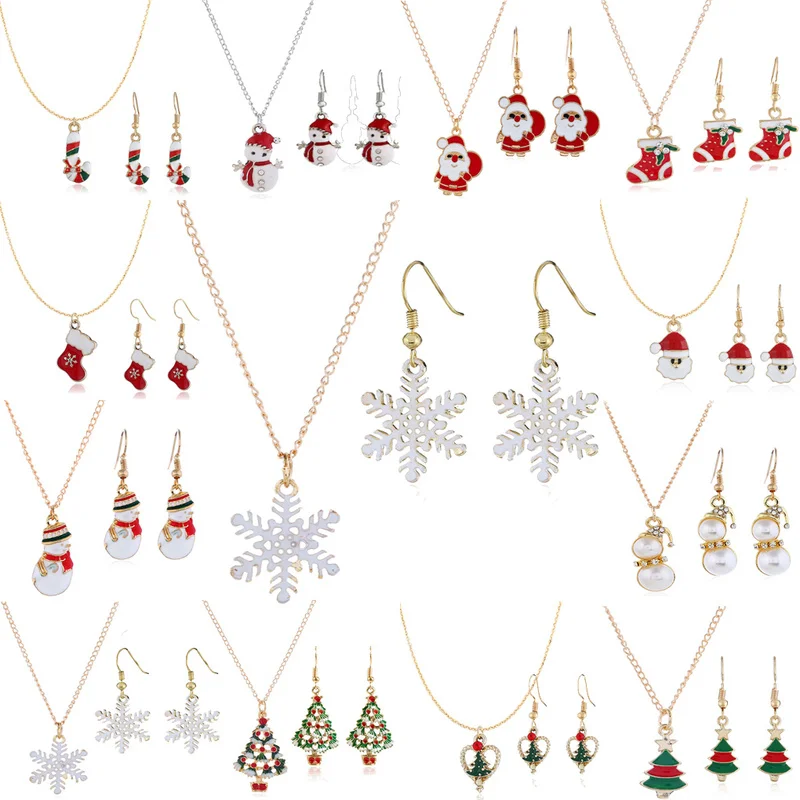 Fashion Earring and Necklace Set Christmas Series Snowman Bell Elk Snowflake Xmas Tree Santa Women Cute Stud Earrings Necklaces | Украшения