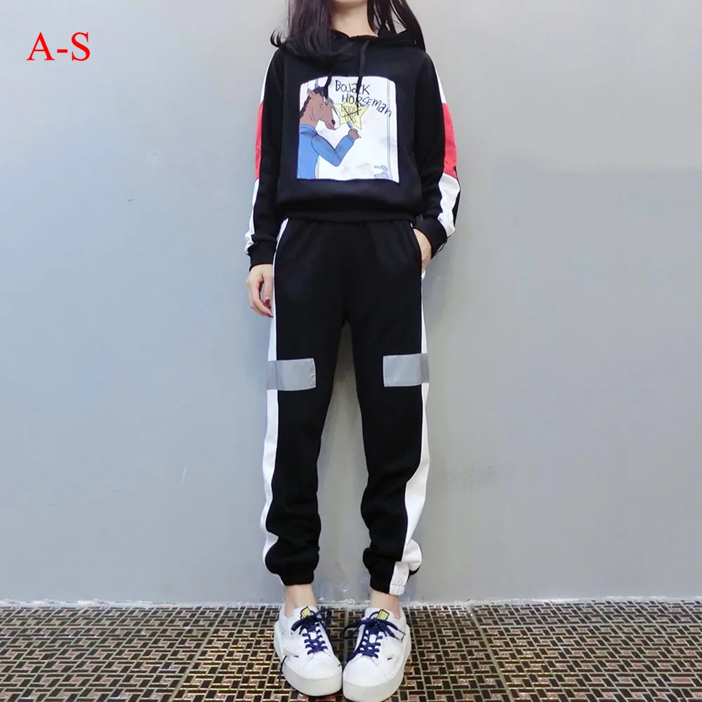 

2019 Spring New Fashion Large Size Female Loose Two-pieces Patchwork Long Sleeve Printed Sweatshirt & Pants Sports Suit
