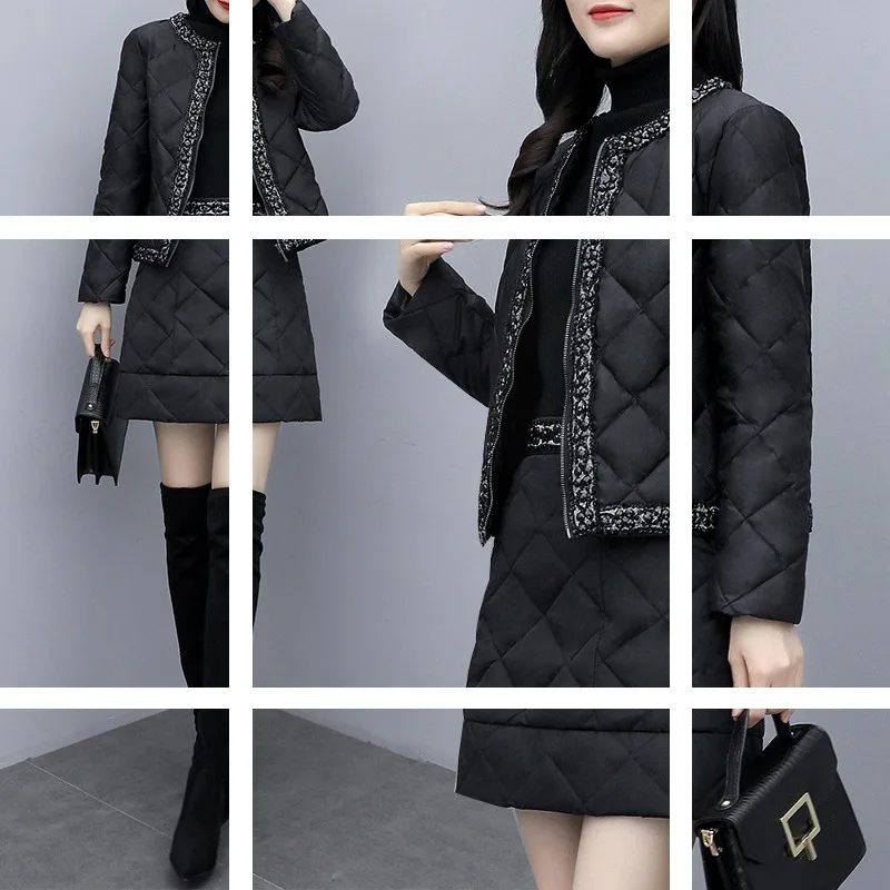 

2019 New Style WOMEN'S Dress Winter Two-piece Dress Short Beads down Jacket Short Skirt Casual Fashion Set Female Black