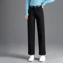 Флисовые женские джинсы с высокой талией, прямые черные джинсовые бархатные брюки, джинсы для женщин в стиле бойфренд, джинсы для мам на каждый день, Осень-зима