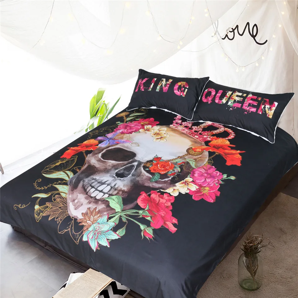 

HM Life Duvet Cover With Pillowcases Crowned Floral Skull Printing King Queen Fashion Bedding Set for Adults Kids Home Textile
