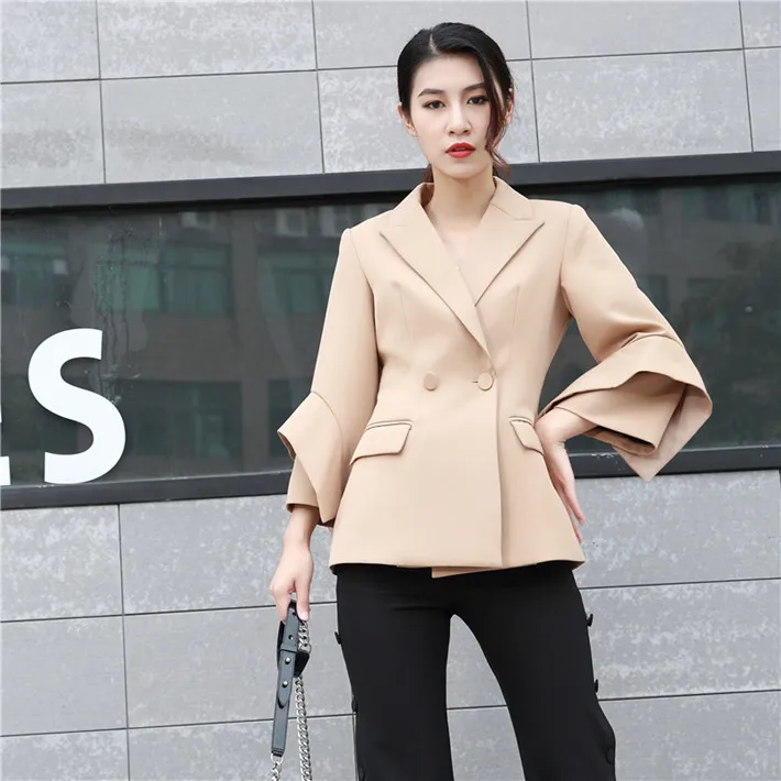 women Horn Sleeve Nine-Sleeve Gun, Double-row Button, Slim Suit, Jacket Woman