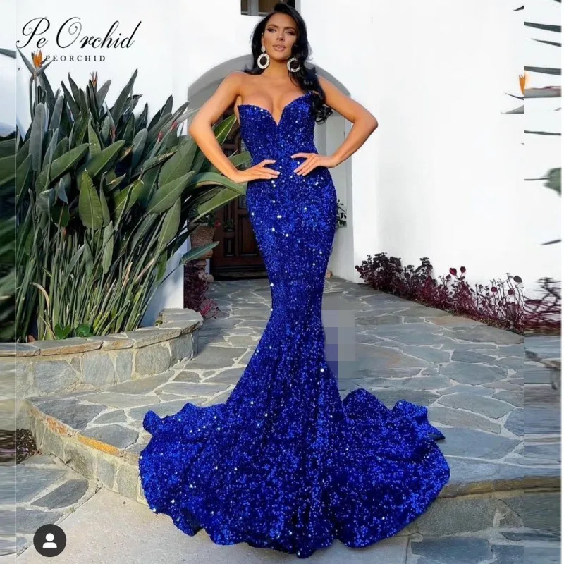 PEORCHID 2021 Sexy Royal Blue Mermaid Formal Evening Dresses Sequin Sparkly Robe Soiree Dubai Elegant Party Gowns Women | Свадьбы и