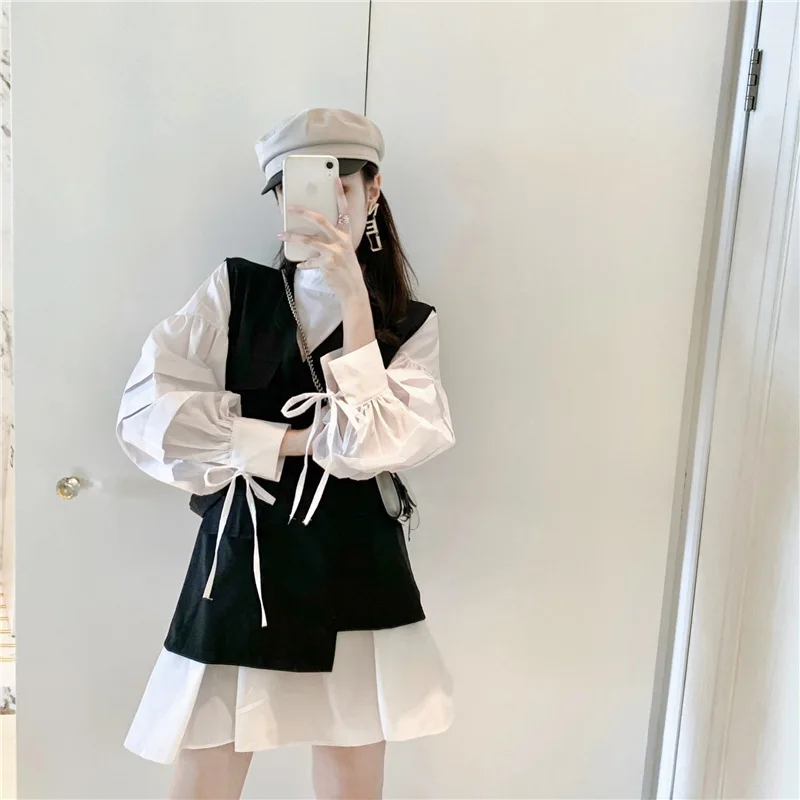 

Photo Shoot 2019 Loose-Fit Elegant Back Cuff Lace-up Puff Sleeve Dress + Irregular Suit Waistcoat