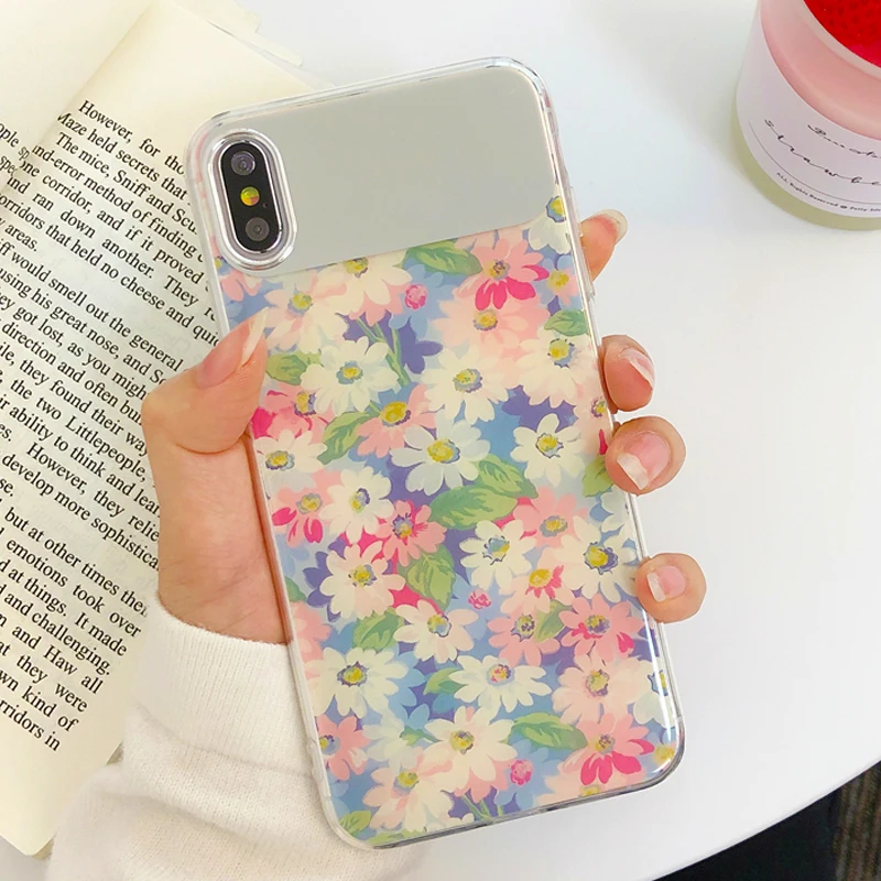 

Cute Daisy Flower Makeup Mirror Glitter Case For iPhone X XR XS Max Silicone Cover Lovely Flower IMD Soft TPU Glossy Phone Cases