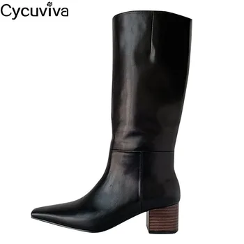 

High Quality Black Knee High Boots For Women Square Toe Motorcycle Boots High Heel Ladies Shoes 2020 Runway Long Boots Women