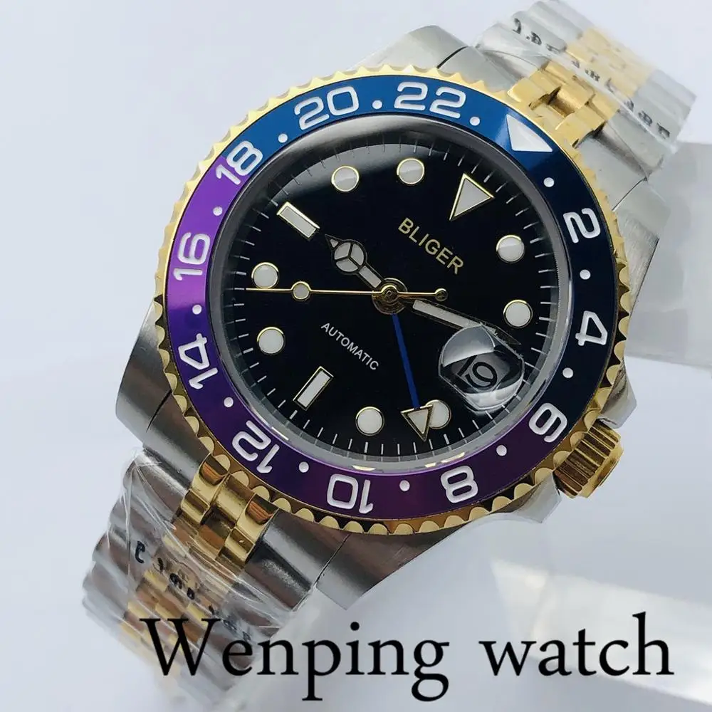 40mm Bliger Men's Top Luxury GMT Mechanical Watch Sapphire Glass Titanium Bezel Black Dial Date Luminous Automatic | Наручные часы