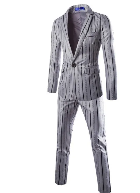 Men's new Europe and the United States a button suit suit men tide slim coat vertical stripes small suit two-piece mens tuxedo