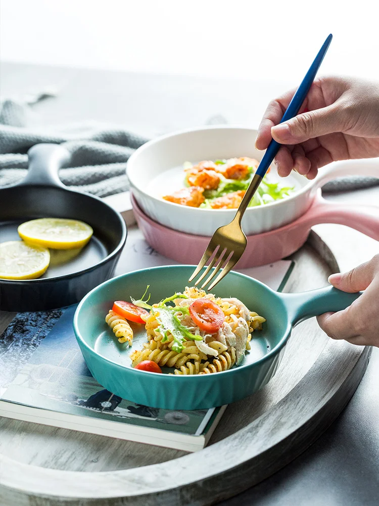 

European Ceramic Handle Plate Matte Western Steak Pasta Plates Porcelain Fruit Salad Pizza Bakeware Dishes Food Tray Dinnerware