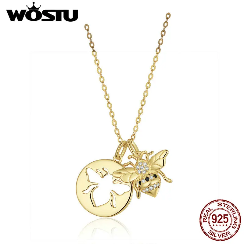 WOSTU 925 пробы серебряный золотой цвет королева ожерелье пчелки сверкающий циркон кулон для женщин модные ювелирные изделия подарки CTN080