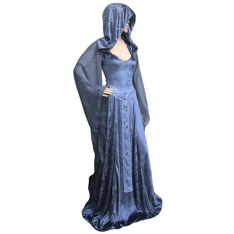 

Adult Women Halloween Devil Pagan Witch Party Cosplay Costume Hooded Gown Robe Medieval Renaissance Maxi Train Slim Dress