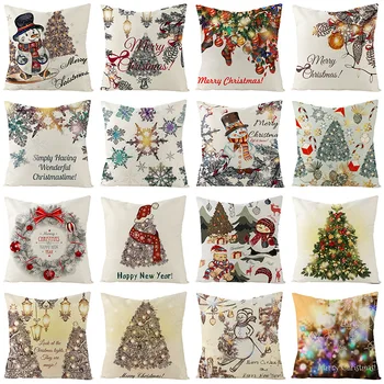 

New Style Christmas Snowman Christmas Tree Flax Pillow Cover Holiday Home Sofa Back Cushion Cushion Cover